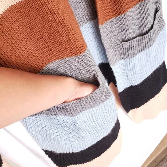 Ecowish Multicolor Colorblock Striped Long Knitted Cardigan Sweater Size L - Picture 9 of 14
